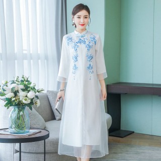 2019春夏中国风复古民族风改良旗袍假两件中长款连衣裙女