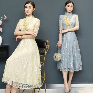 新款春季中式中袖礼服蕾丝旗袍 晚宴超大摆连衣裙