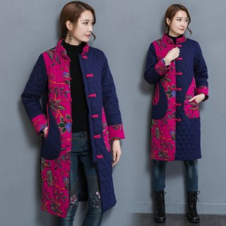 民族风女装秋冬装复古印花拼接长款棉衣唐装棉袄外套