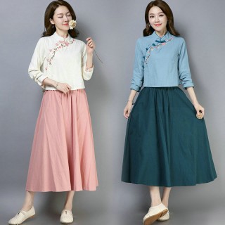 秋新款民族风棉麻女装文艺复古立领绣花上衣半身裙套装