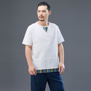 新夏装中国风棉麻短袖t恤复古花短袖V领拼色男式上衣宽松休闲汉服 新夏装中国风棉麻短袖t恤复古花短袖V领拼色男式上衣宽松休闲汉服