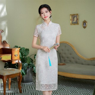 春夏新款复合蕾丝刺绣长款旗袍连衣裙日常改良少女年轻款旗袍 春夏新款复合蕾丝刺绣长款旗袍连衣裙日常改良少女年轻款旗袍
