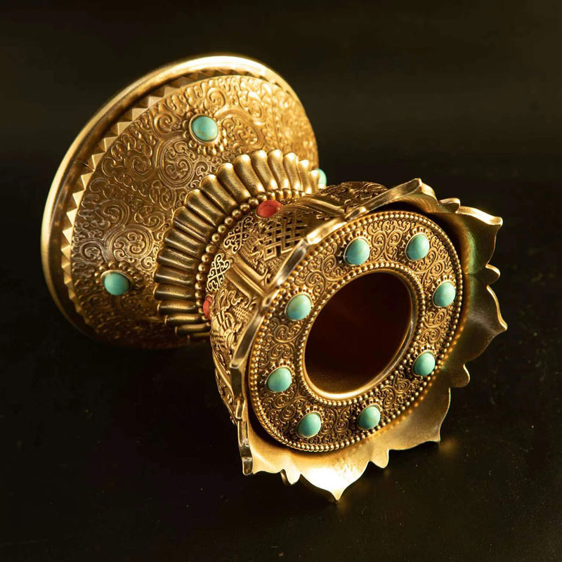 手摇转经轮底座纯铜莲花八吉祥西藏转经筒底托雕花家居桌面小摆件