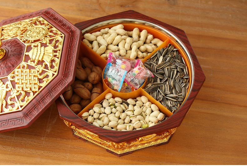 厂家直销藏式八吉祥八角果盘素面供果盘干果盒不锈钢内胆茶几摆件