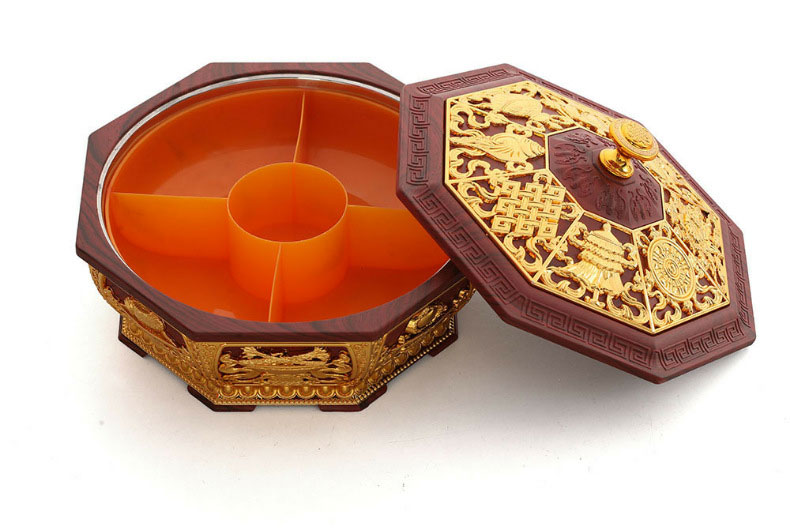 厂家直销藏式八吉祥八角果盘素面供果盘干果盒不锈钢内胆茶几摆件