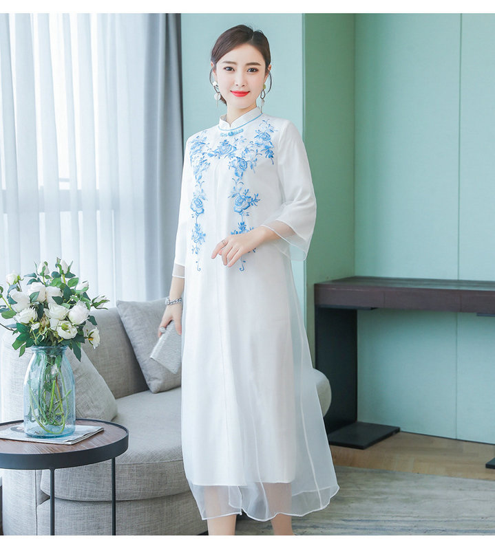 2019春夏中国风复古民族风改良旗袍假两件中长款连衣裙女