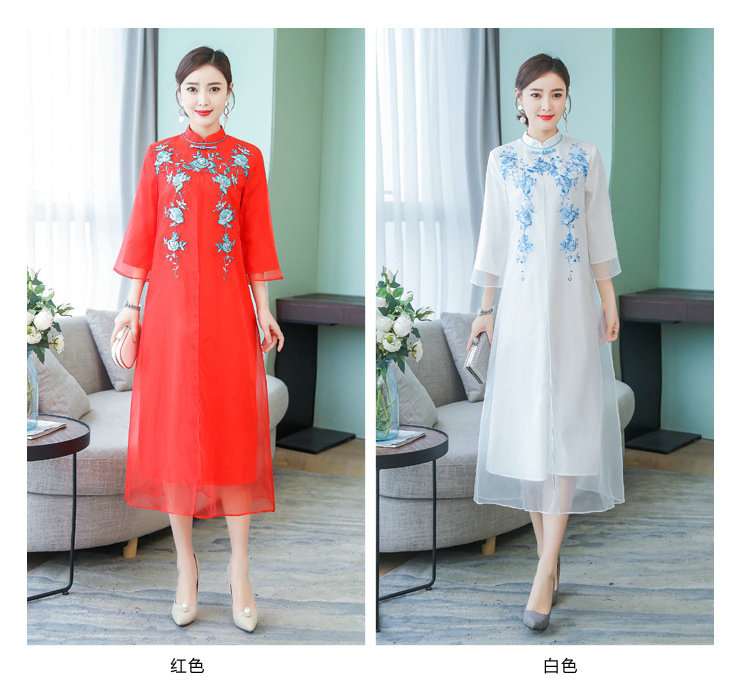 2019春夏中国风复古民族风改良旗袍假两件中长款连衣裙女