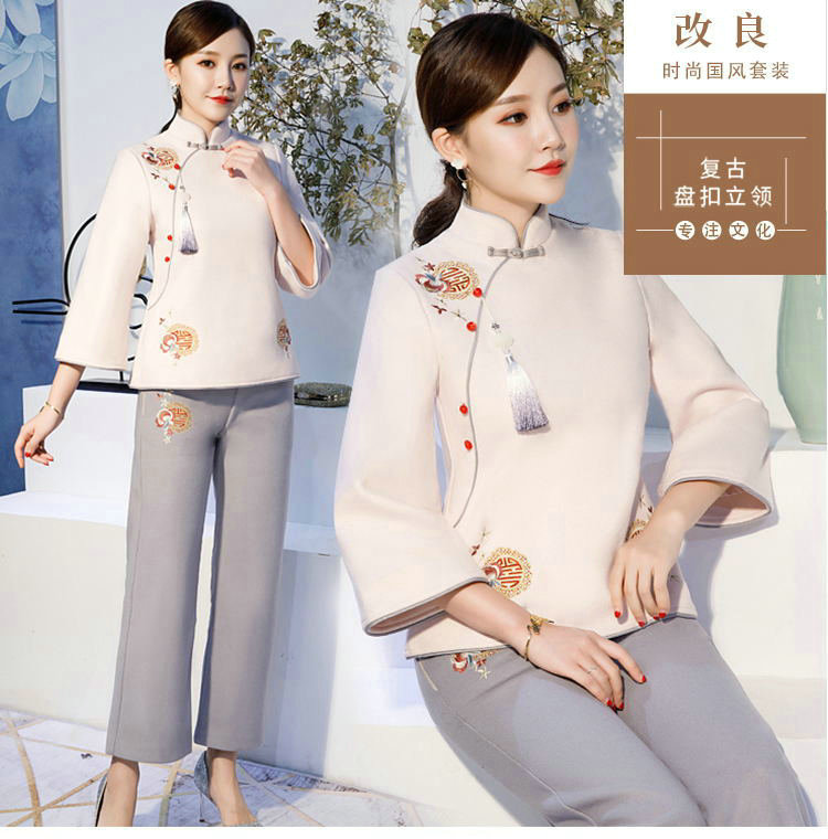 2019春季新款中国风复古毛呢中式汉服女旗袍套装裙茶服两件套