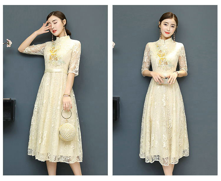 新款春季中式中袖礼服蕾丝旗袍 晚宴超大摆连衣裙