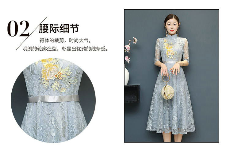 新款春季中式中袖礼服蕾丝旗袍 晚宴超大摆连衣裙