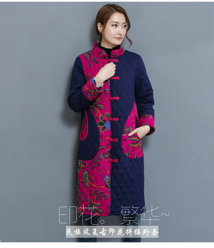 民族风女装秋冬装复古印花拼接长款棉衣唐装棉袄外套