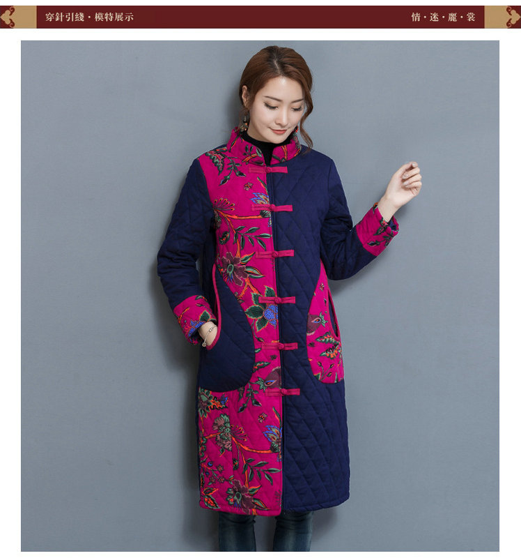 民族风女装秋冬装复古印花拼接长款棉衣唐装棉袄外套