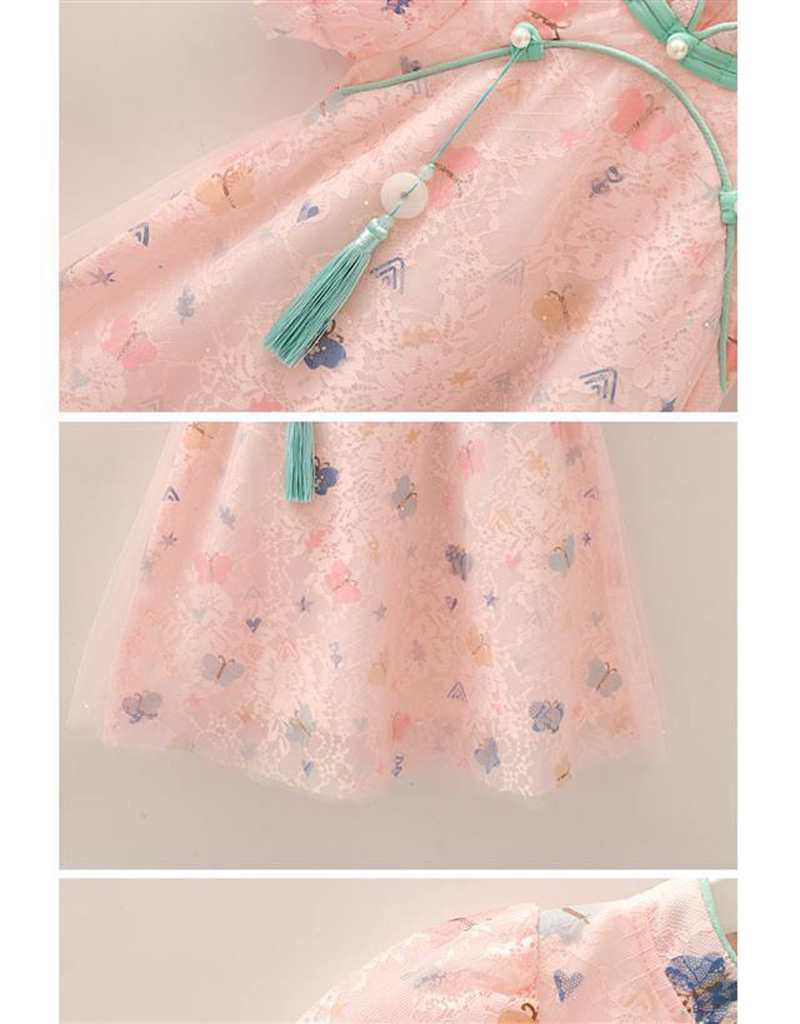 女童夏季旗袍连衣裙蝴蝶短袖复古公主纱裙宝宝蕾丝中国风裙子