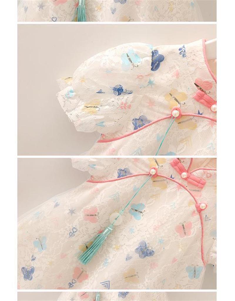 女童夏季旗袍连衣裙蝴蝶短袖复古公主纱裙宝宝蕾丝中国风裙子