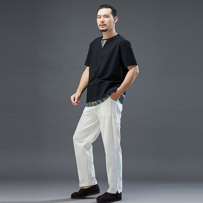 新夏装中国风棉麻短袖t恤复古花短袖V领拼色男式上衣宽松休闲汉服
