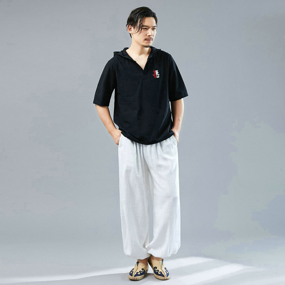 中国风棉麻短袖刺绣男式T恤