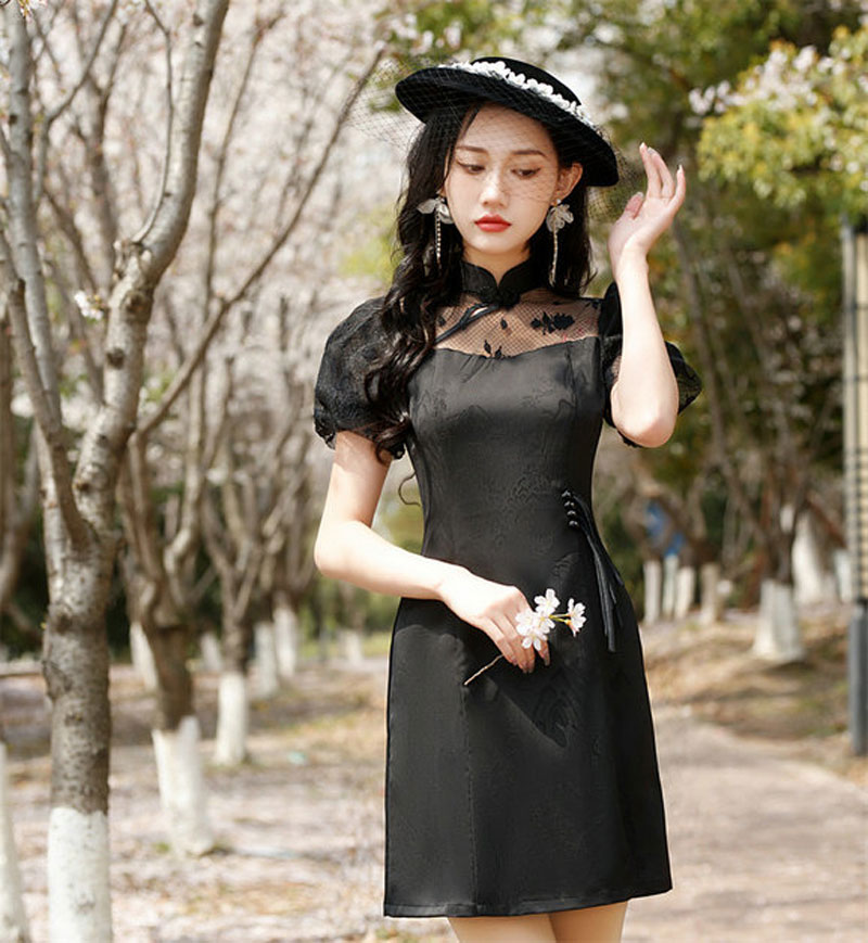 新款少女小个子短款旗袍连衣裙泡泡袖优雅时尚日常旗袍