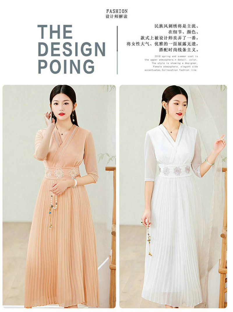 改良旗袍连衣裙国风复古腰封修身气质长款百褶摆裙