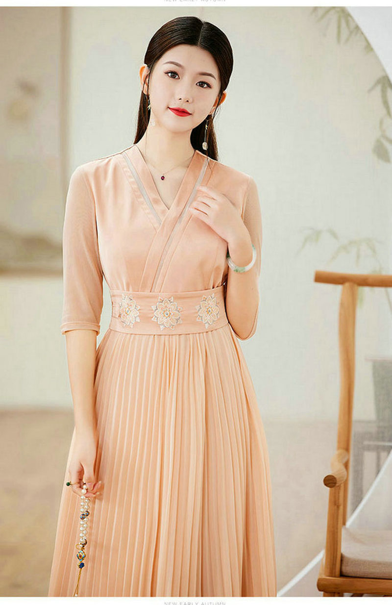 改良旗袍连衣裙国风复古腰封修身气质长款百褶摆裙