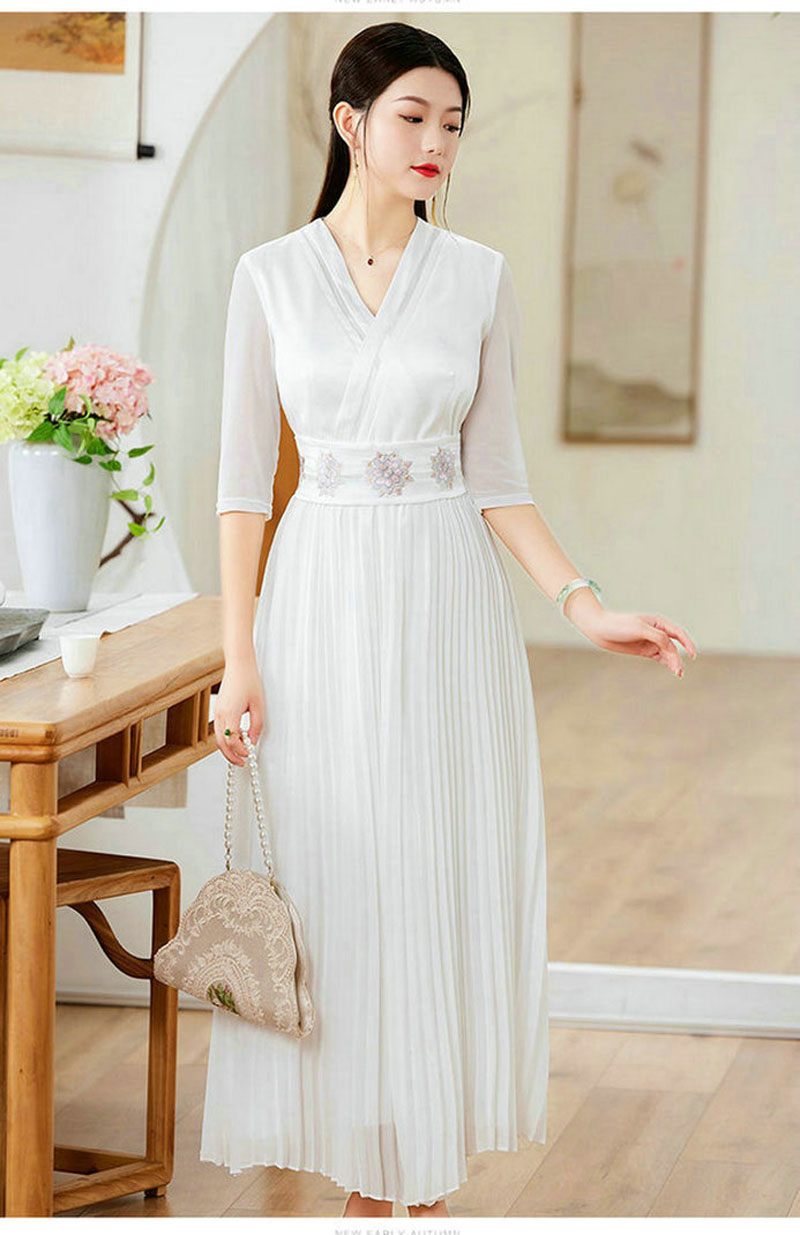 改良旗袍连衣裙国风复古腰封修身气质长款百褶摆裙