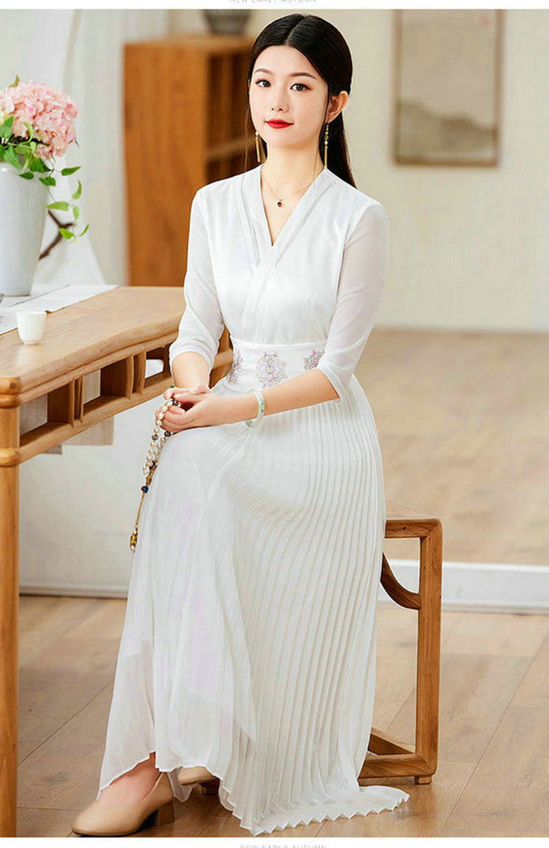 改良旗袍连衣裙国风复古腰封修身气质长款百褶摆裙