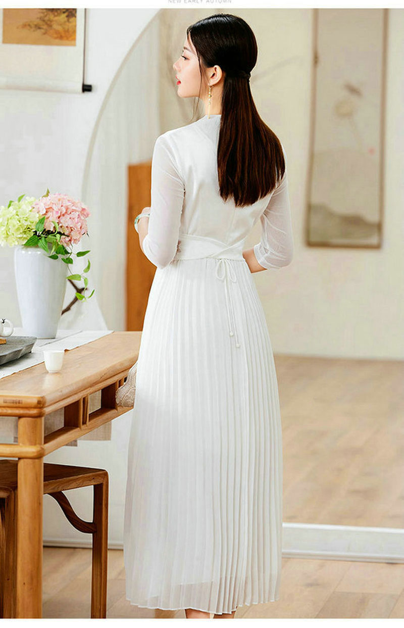 改良旗袍连衣裙国风复古腰封修身气质长款百褶摆裙