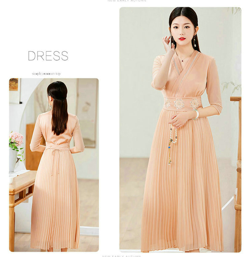 改良旗袍连衣裙国风复古腰封修身气质长款百褶摆裙