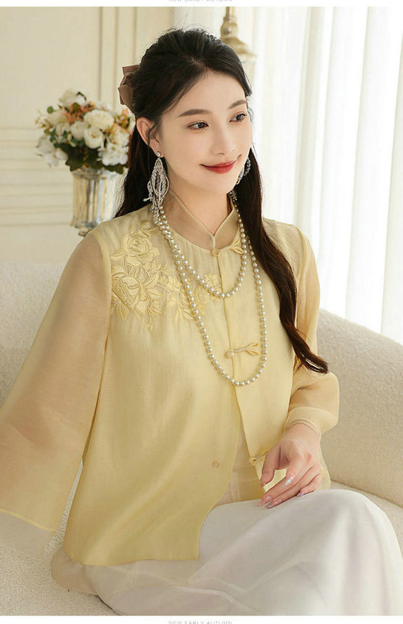 女士衬衫改良新中式唐装时尚国潮刺绣中式立领中长袖上衣外套