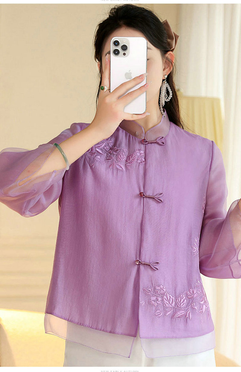 女士衬衫改良新中式唐装时尚国潮刺绣中式立领中长袖上衣外套