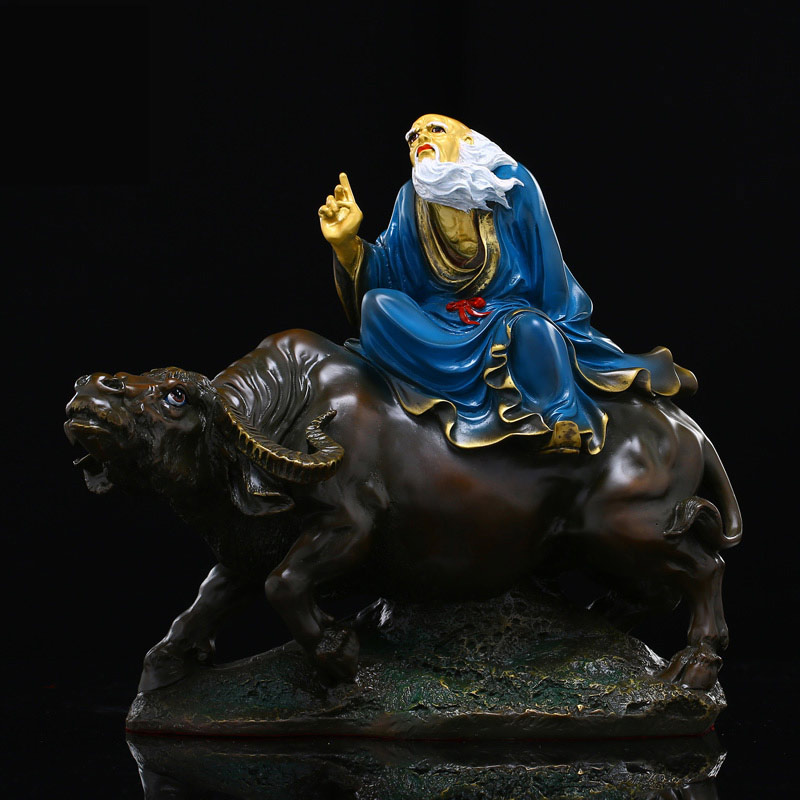 太上老君道教道摆件德天尊神像纯铜铜彩绘老子骑牛家居摆设