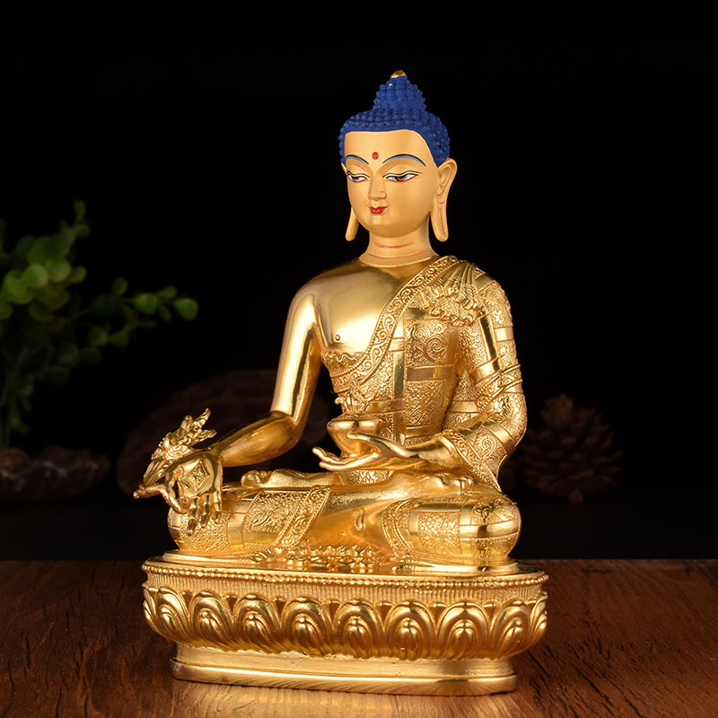 佛教用品 台湾纯铜精工鎏金雕花密宗佛像10寸药师佛摆件高