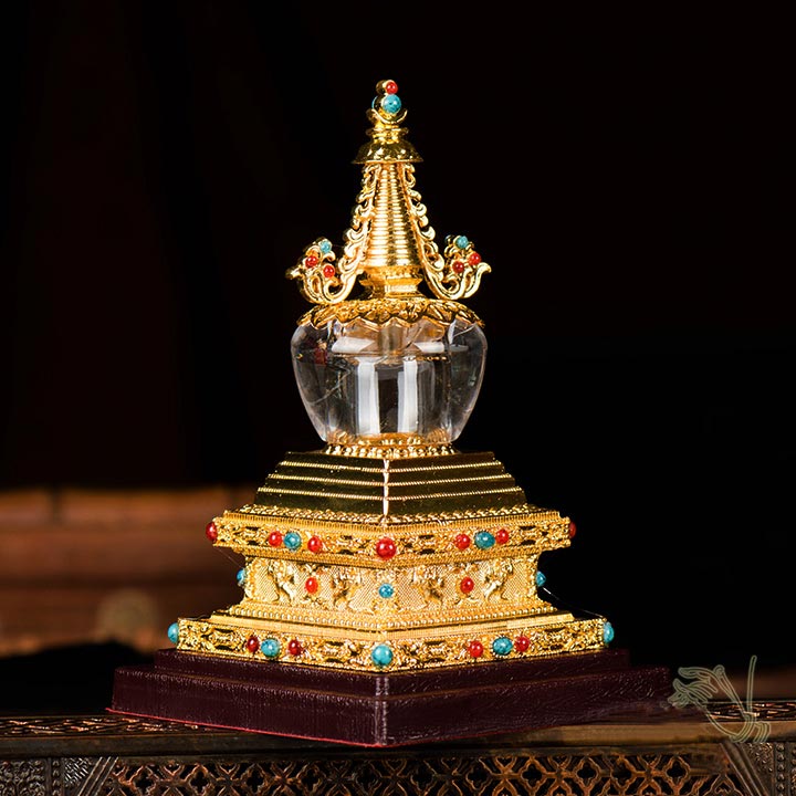 水晶舍利塔佛塔装藏舍利子甘露丸密宗法器6寸精品鎏金菩提塔摆件 
