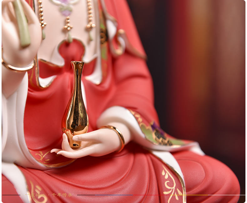 观音菩萨供奉佛像陶瓷摆件14吋描金边红衣彩坐莲观世音