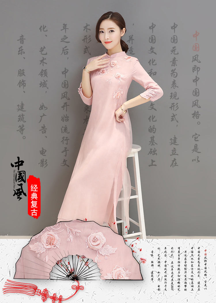 春季2019新款中国风改良旗袍立体绣花七分袖真丝连衣裙女长裙