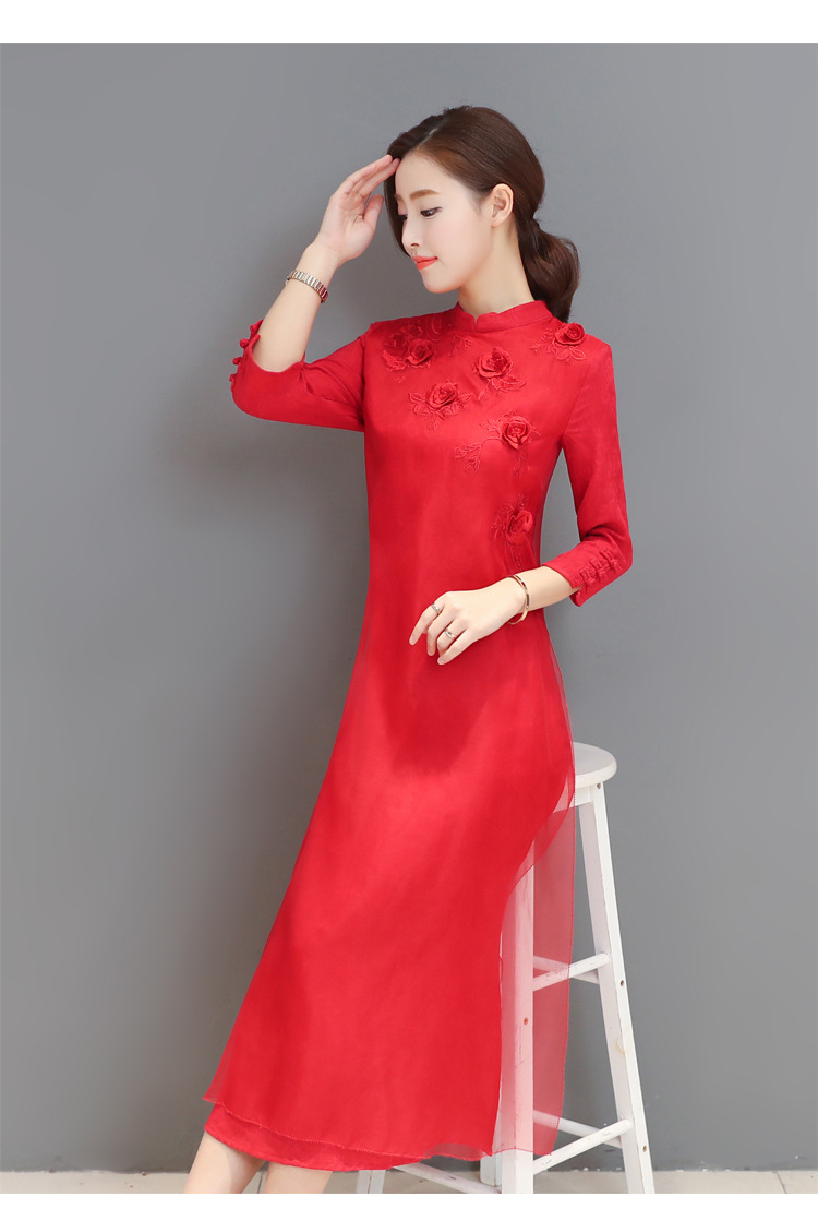 春季2019新款中国风改良旗袍立体绣花七分袖真丝连衣裙女长裙