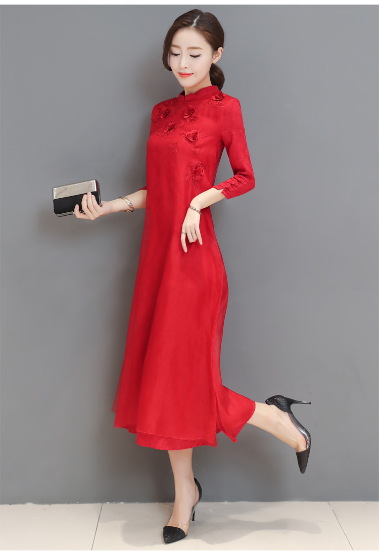 春季2019新款中国风改良旗袍立体绣花七分袖真丝连衣裙女长裙