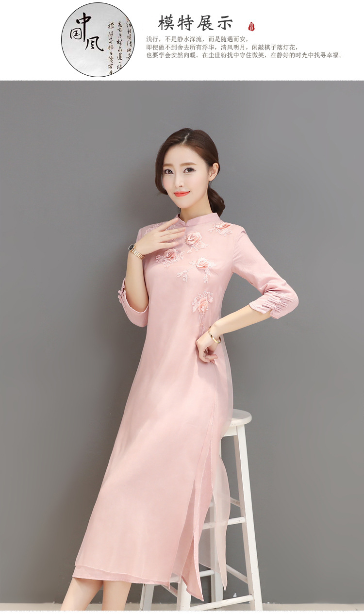春季2019新款中国风改良旗袍立体绣花七分袖真丝连衣裙女长裙